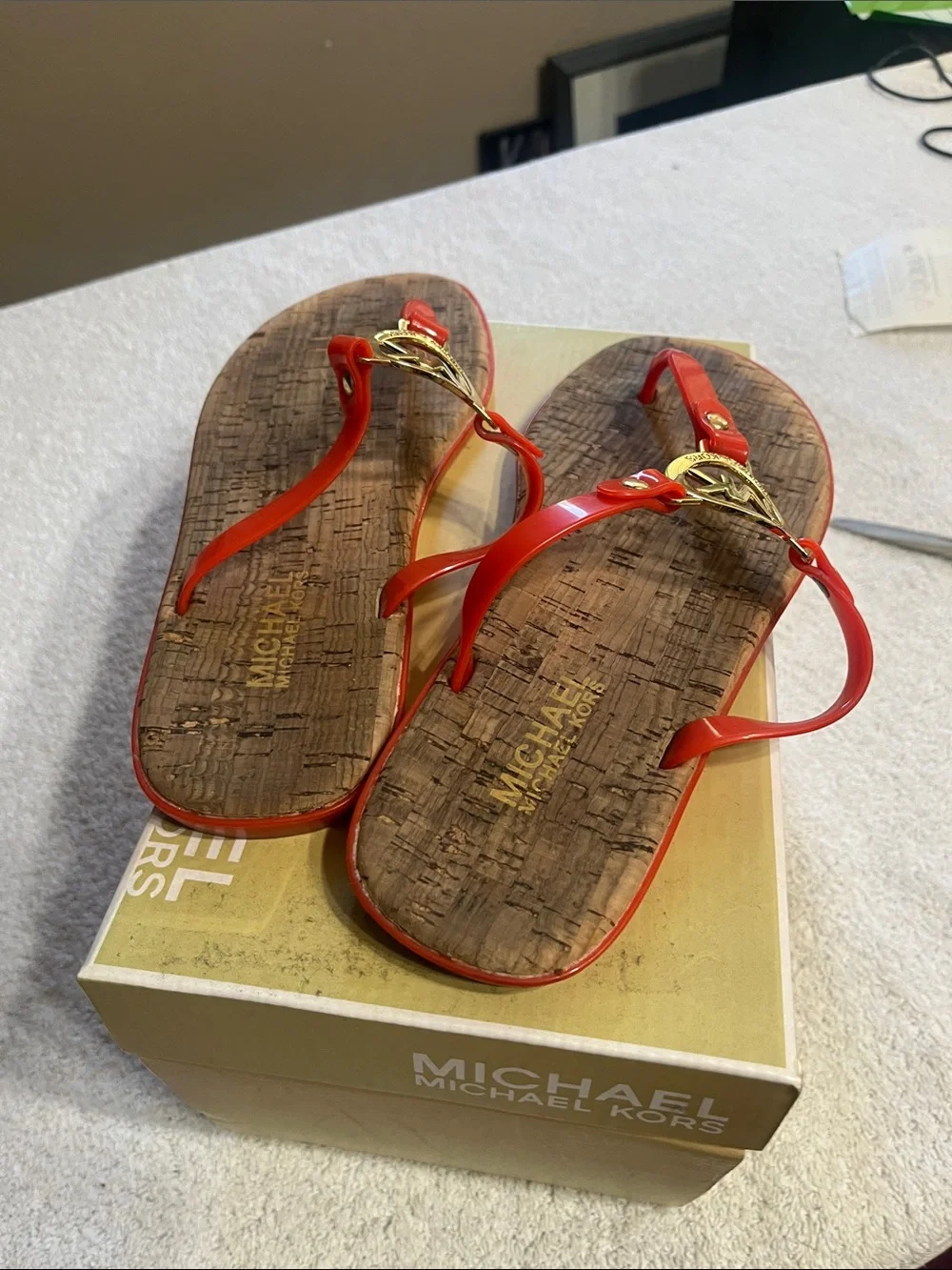 Michael Kors Orange Patent MK Medallion Cork-Print Thongs